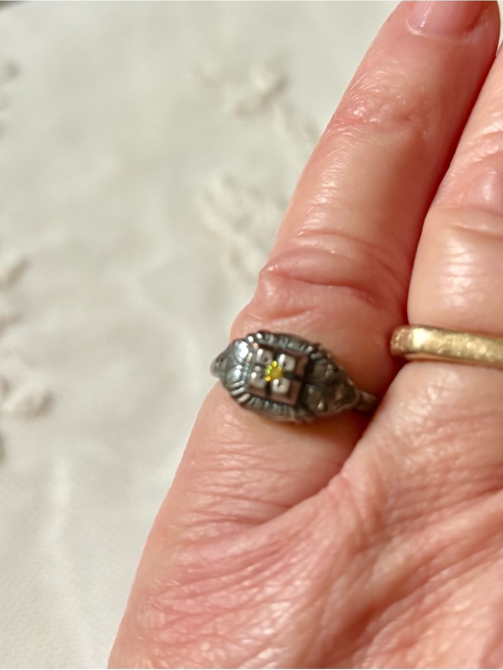 Sterling Silver Vintage Floral Accent Ring with Yellow Stone